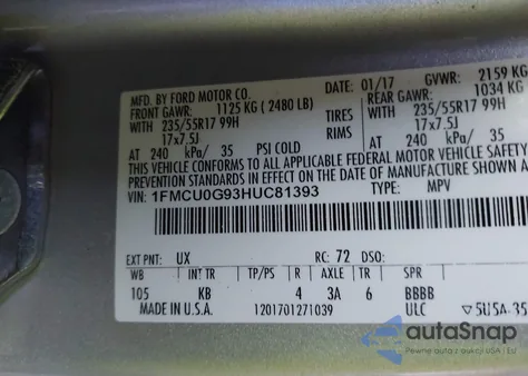 2017 Ford Escape Se из США, поврежденный, VIN 1FMCU0G93HUC81393